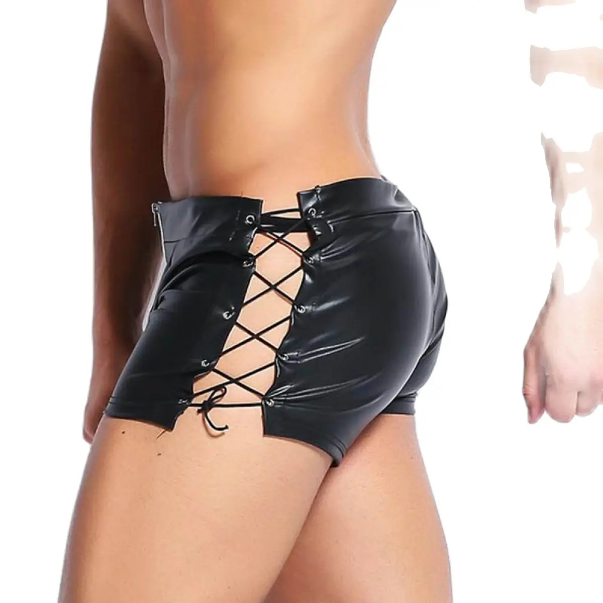 Шорты мужские из ПУ кожи пикантные бандажные с U образным вырезом на молнии