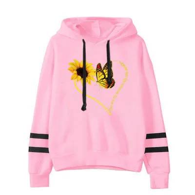 

Women Hoodie Sunflower Heart Printed Hoodies Women Double Striped Long Sleeve Fleece Sweatshirt with Hat Girls Pullovers Winter