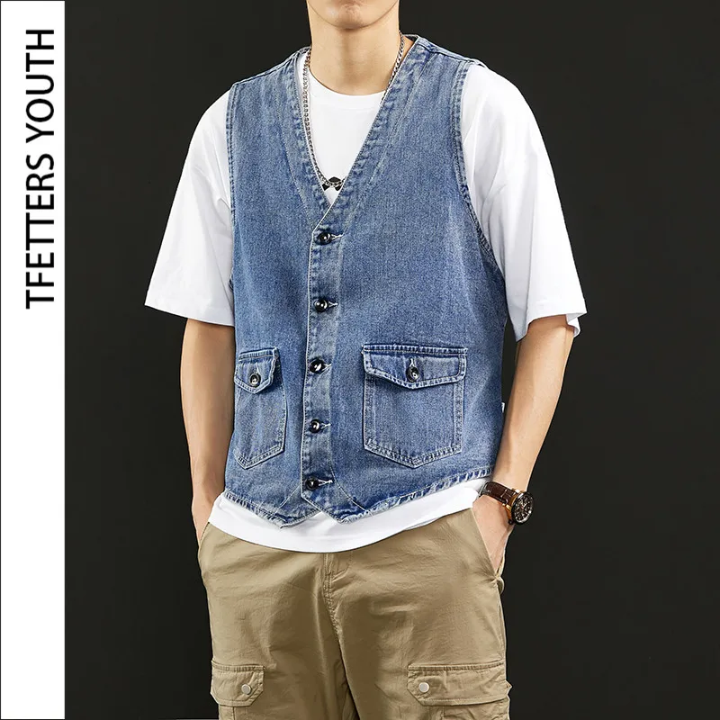 

TFETTERS Summer New Denim Vest Men Japanese Casual Loose Washed Old Sleeveless Coat Fashion Solid Color Collarless Denim Jacket