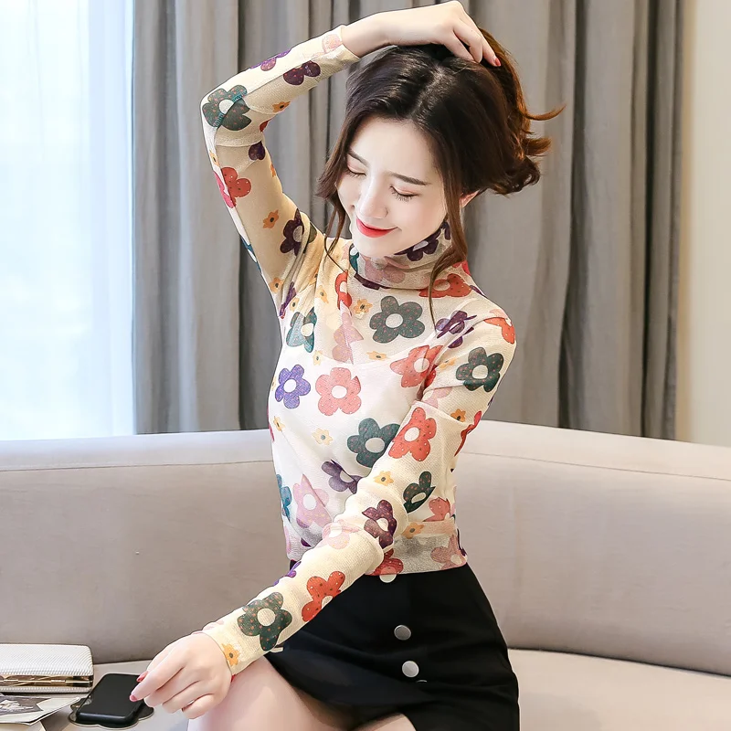 Кружевной женский тонкий свитер с высоким воротником и цветочным узором