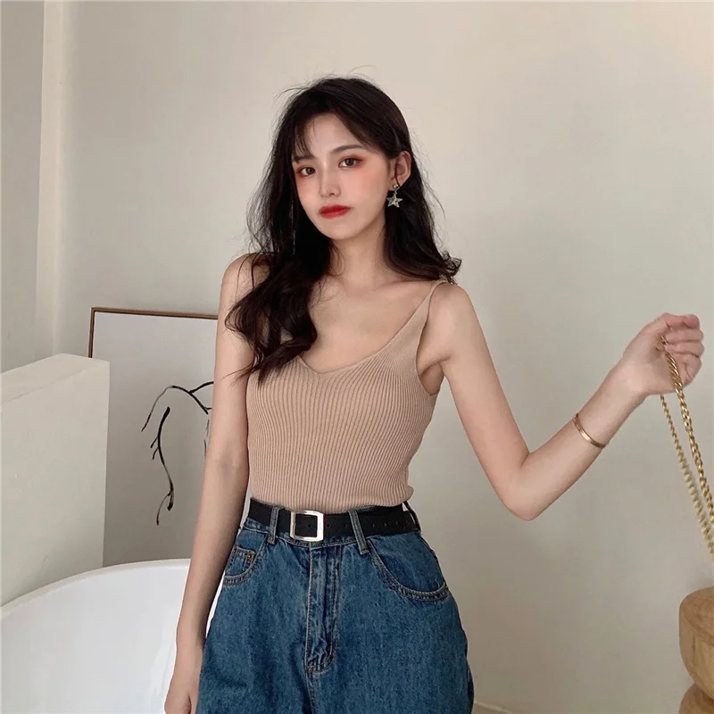 

Internet Hot Simple Camisole Women's Summer Wear Slim Fit Slimming Elastic Thin Knitted Sexy Sleeveless Short Top