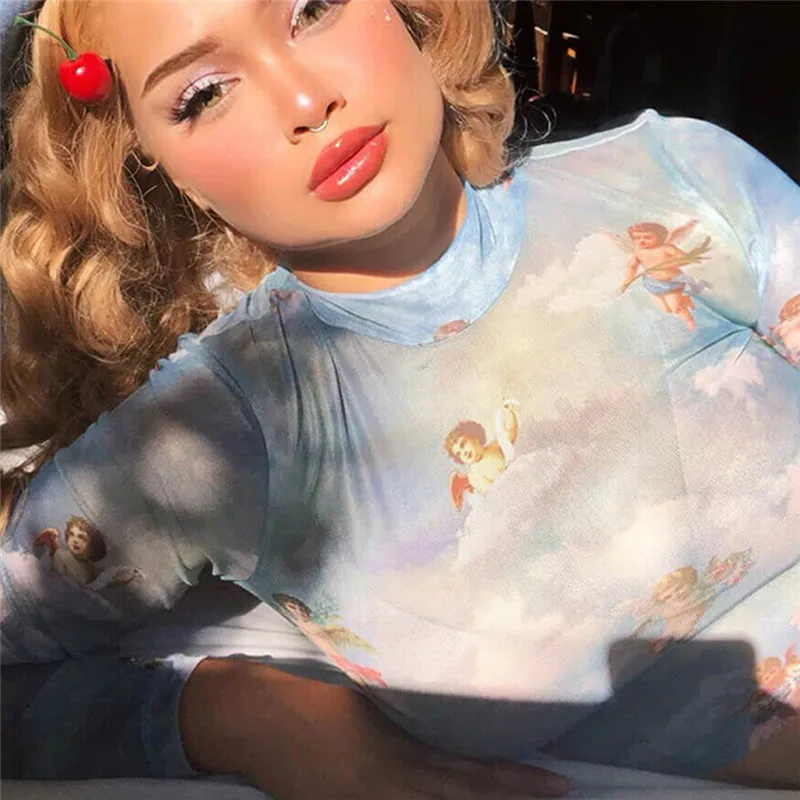 Женская новая модная прозрачная Сетчатая футболка женская водолазка с длинными