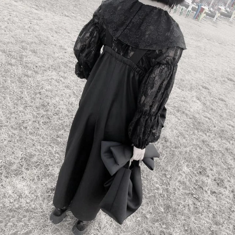 

[EAM] Women Black Lace Blouse New Peter Pan Collar Long Lantern Sleeve Loose Fit Shirt Fashion Spring Autumn 2021 1DD6778