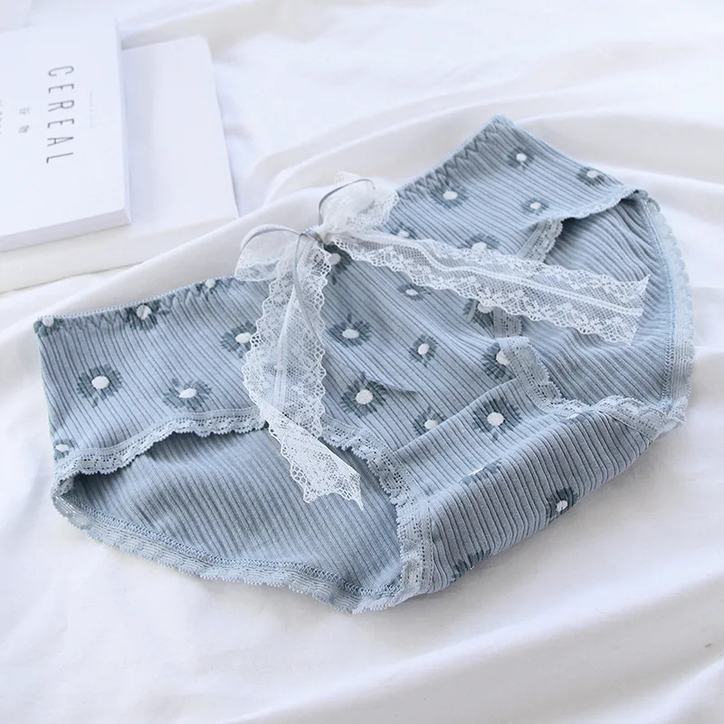 

5 Pcs Pack Blue Daisy Floral Ladies Underwear Cotton Women Cute Lace Bow Kawaii Sweet Breathable Quality Girl's Briefs Hot Sale