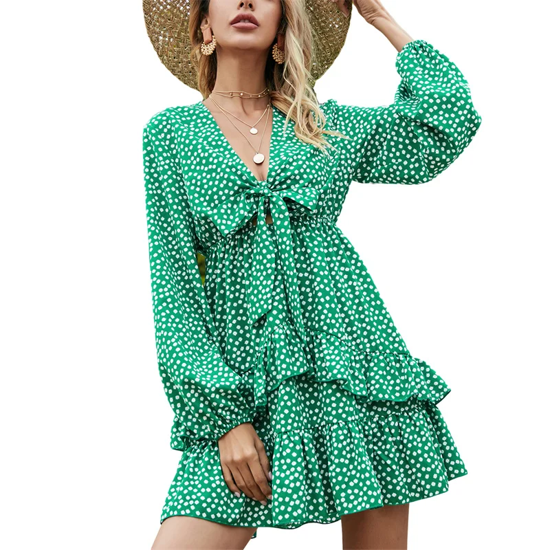 

Women Fashion V-neck Green Polka Dot Dress Ladies Long Sleeve Dresses For Dating Party Shopping