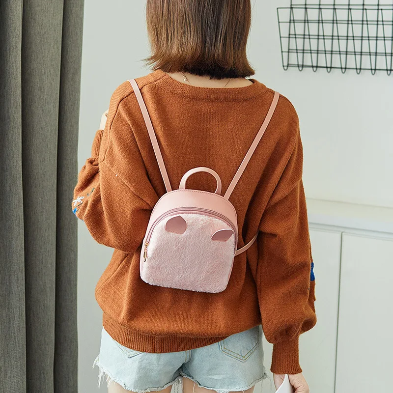 

Cute Cartoon Cat Ears Mini Backpack Girl School Bag PU Plush Women Bookbag Korean School Backpack Pink Bag