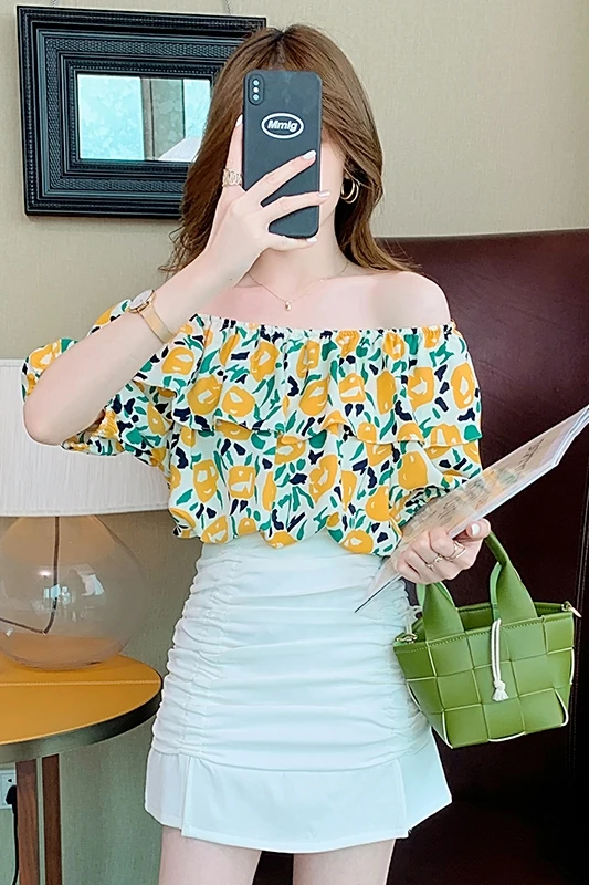 

Blouse Women Summer 2021 Sexy Office Lady Korea Style Short Sleeve Slash Neck Puff Sleeve Yellow Blusas Womens Tops And Blouses