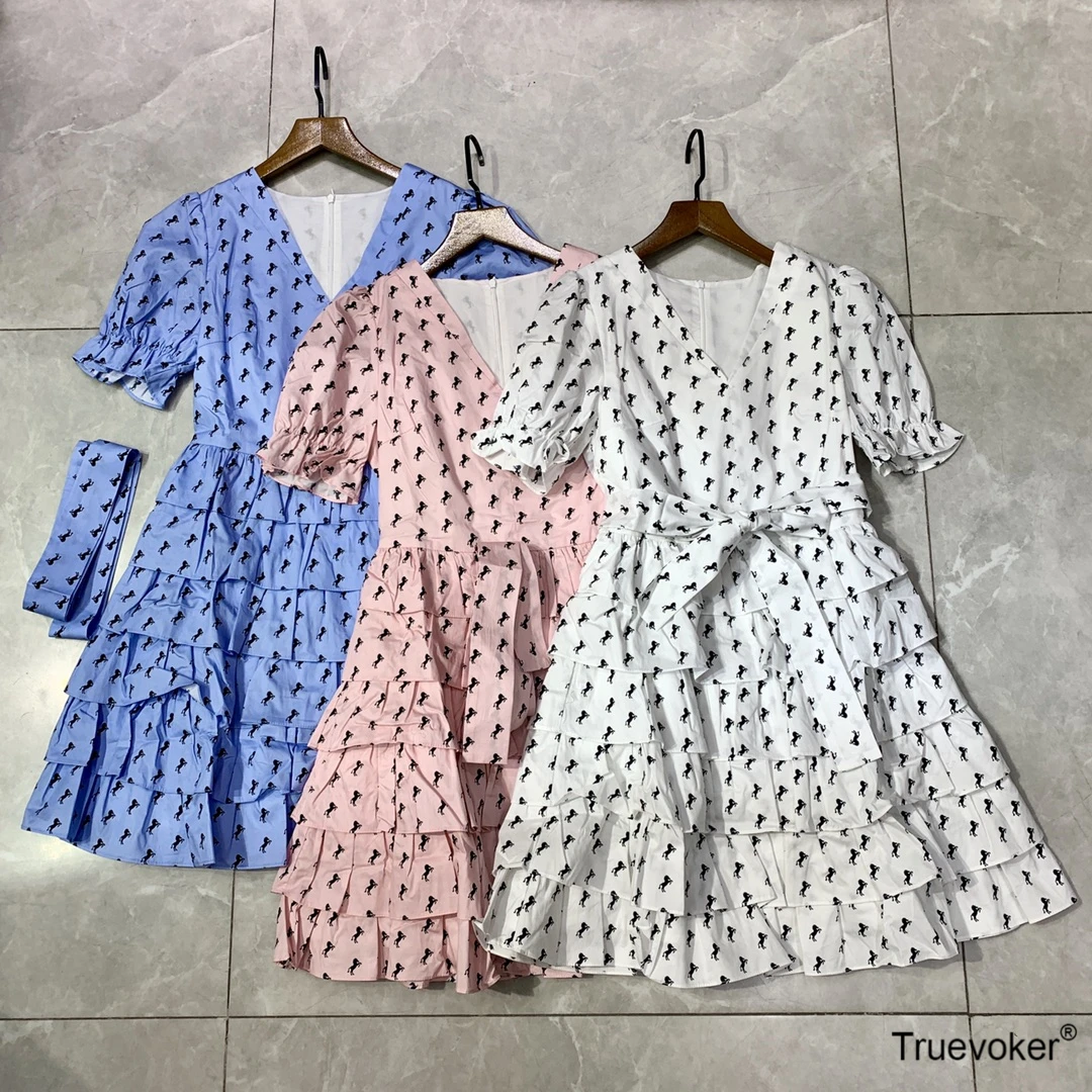 

European High Street Cotton Dress Ladies Short Sleeve Print Mini Cake Dress For Party Woman Designer Dress