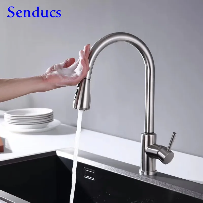 

Touch Faucets Senducs Brushed Nickel Pull Out Kitchen Sink Faucet Smart Touch Kitchen Mixer Tap Hot Cold Sensor Kitchen Faucets