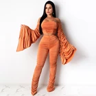 Женский укороченный топ, плиссированные брюки с длинным рукавом и рюшами, с открытыми плечами, облегающие свободные брюки