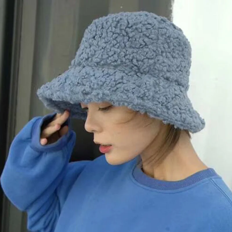 Faux Fur Winter Bucket Hat For Women Girl Fashion Solid Thickened Soft Warm Fishing Cap Outdoor Lady Plush Fluffy Panama 2019