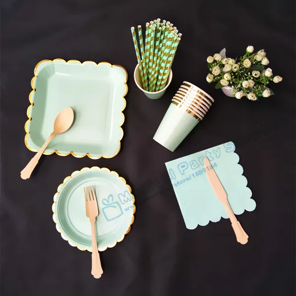 

16 sets Mint Green Gold Party Tableware Paper Plates Dishes Cups Napkins Drinking Straws for kids Birthday Bridal Shower Party