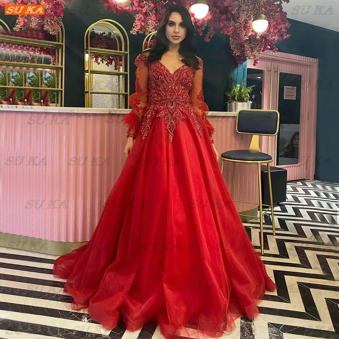 

Luxury Red Beading Evening Dresses 2022 Robe De Soirée De Mariage Long Sleeves Party Dress Backless Vestidos De Fiesta De Noche