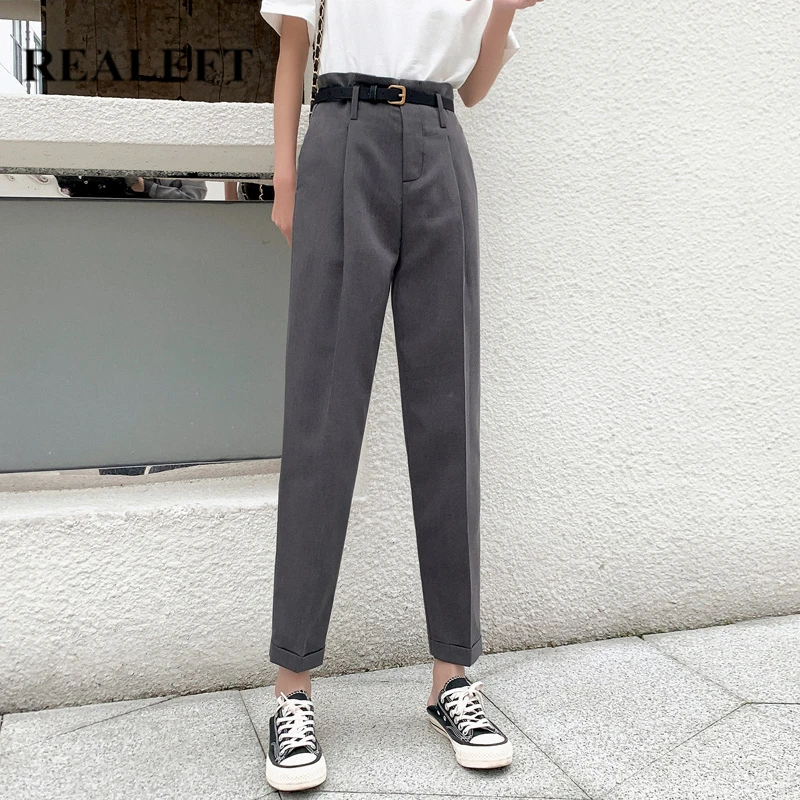 

REALEFT Summer 2020 New Korean OL Style Women Formal Harem Pants Belt High Waist Elegant Office Lady Ankle-Length Pant Pockets