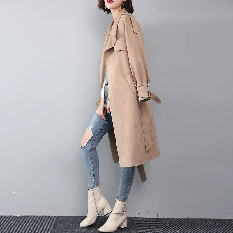 Тренчкот женский замшевый верхняя одежда средней и длинной длины облегающее