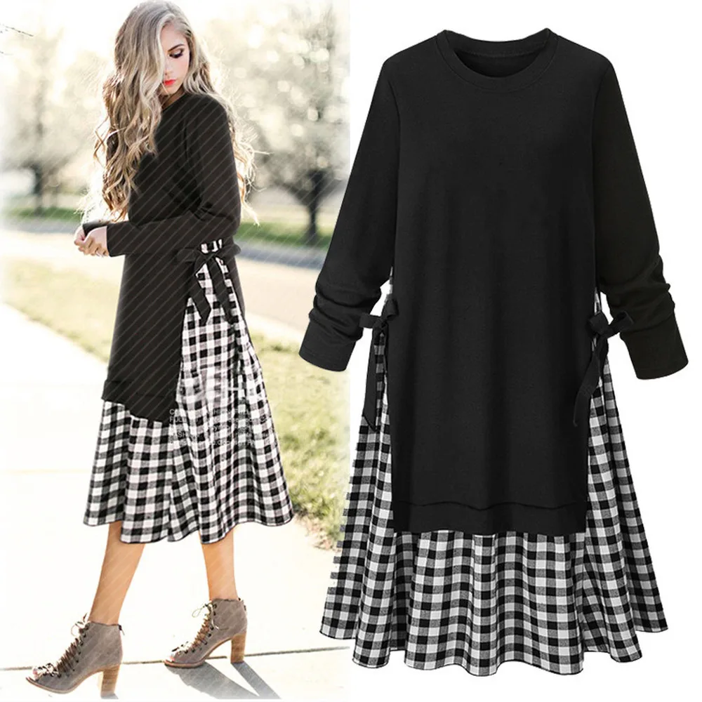 

2021 Fashion Retro Large Size Dress Not Stomach Plaid Dress Mock Two-Piece Casual Long Sleeve Slimming Mid-length Vintage Dress