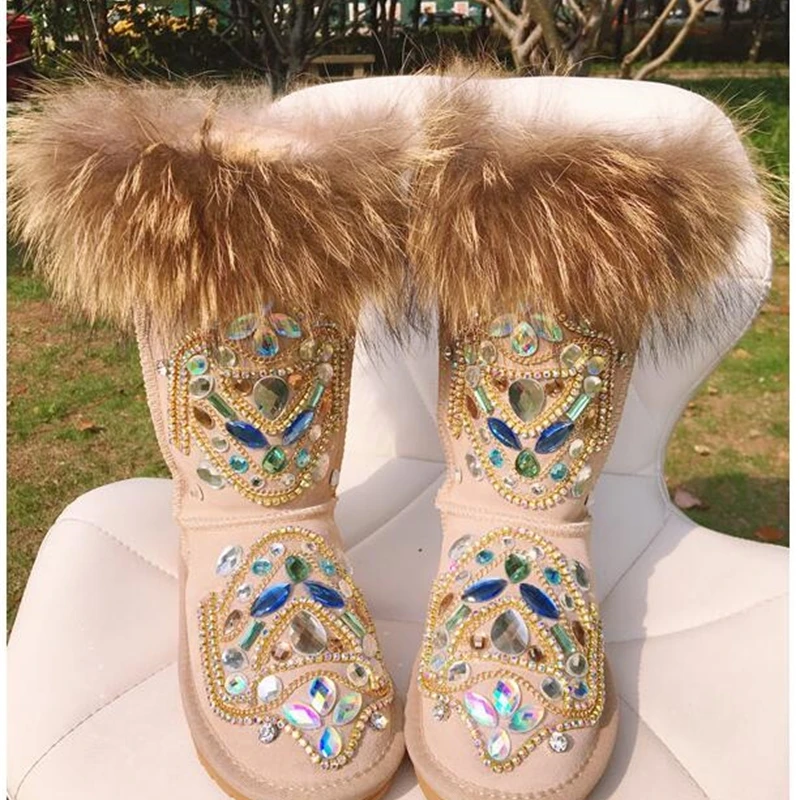 

Ручной работы, оригинальные тайский heavy industry Стразы Тотем стразы сапоги с мехом; Большие размеры кожа меха лисы, большой размер, зимние сапог...