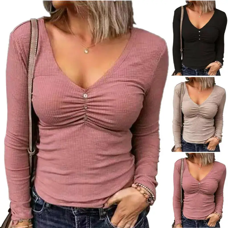 Womens Ladies Long Sleeve T-Shirt Casual Solid Pullover Slim Fit Blouse Tops UK