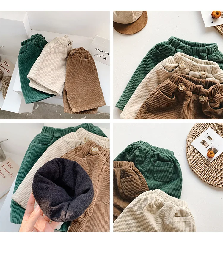 Зимние плотные вельветовые укороченные брюки из флиса для мальчиков однотонные