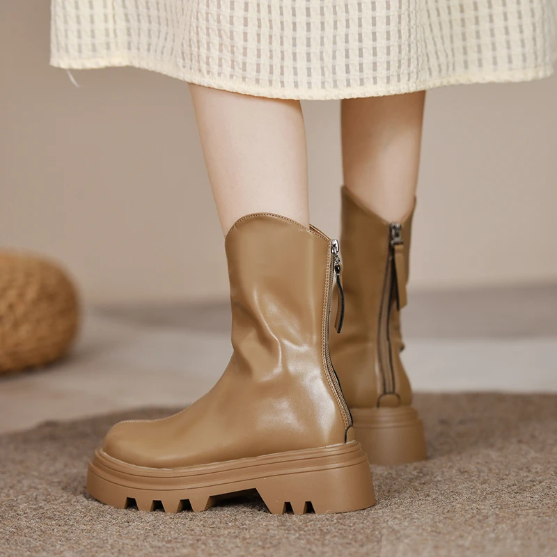 

Nude Boots Women Thick Heel Round Low Back Zipper British Style Short Boots Polyurethane Solid Color Punk Motorcycle Boots