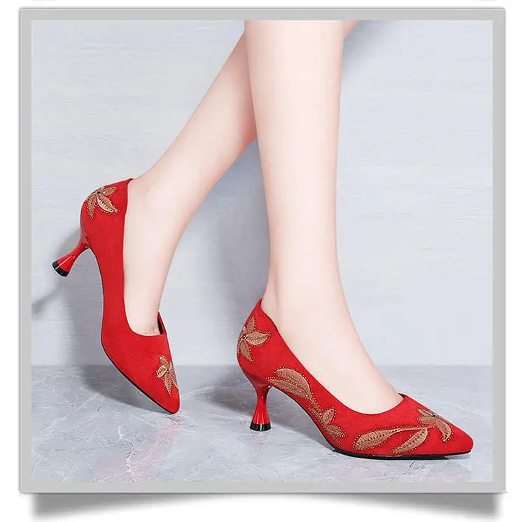

Woman Heels dress Shoes 2021 high-quality fabric shallow Pointed Toe shoes Ladies rhinestone print shoes Party OFFICE HEELS 5cm