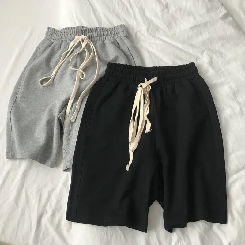 

2021 Summer Loose Terry Cotton Women Shorts High Waist Solid Straight Casual Shorts Elastic Drawstring Waist Loose Sport Shorts