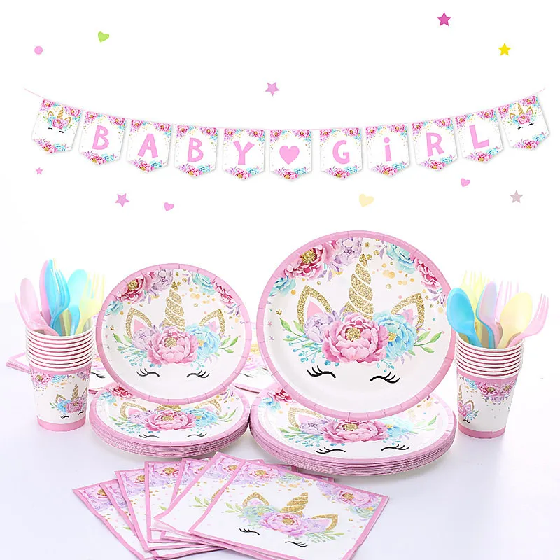 Розовый Единорог вечерние наборы посуды баннер Кубок торт Топпер С Днем Рождения