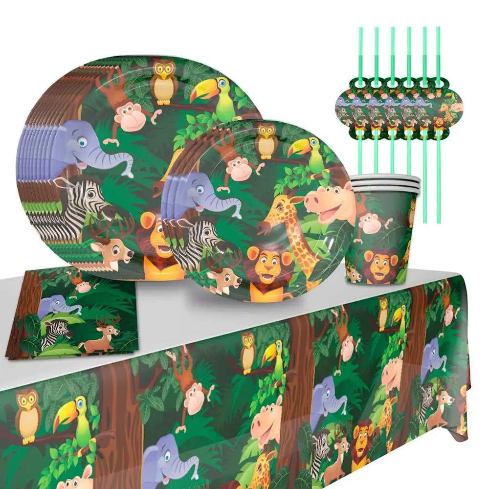 Huiran Green Jungle Animal Tableware Safari Party Decor Birthday Decorations Kids Boy Theme Plates Set | Дом и сад
