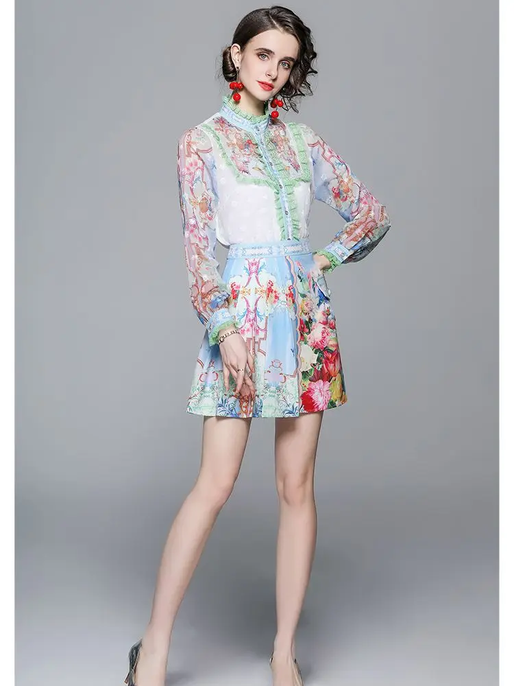 

Женский комплект из двух предметов, кружевная сетчатая блузка с цветочным принтом и плиссированная мини-юбка с карманами, модельный компле...