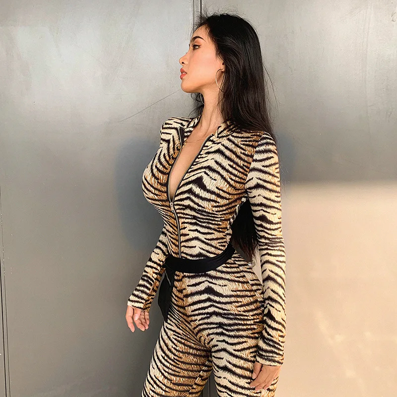 Бодикон с принтом тигра длинным рукавом на молнии дизайнерский