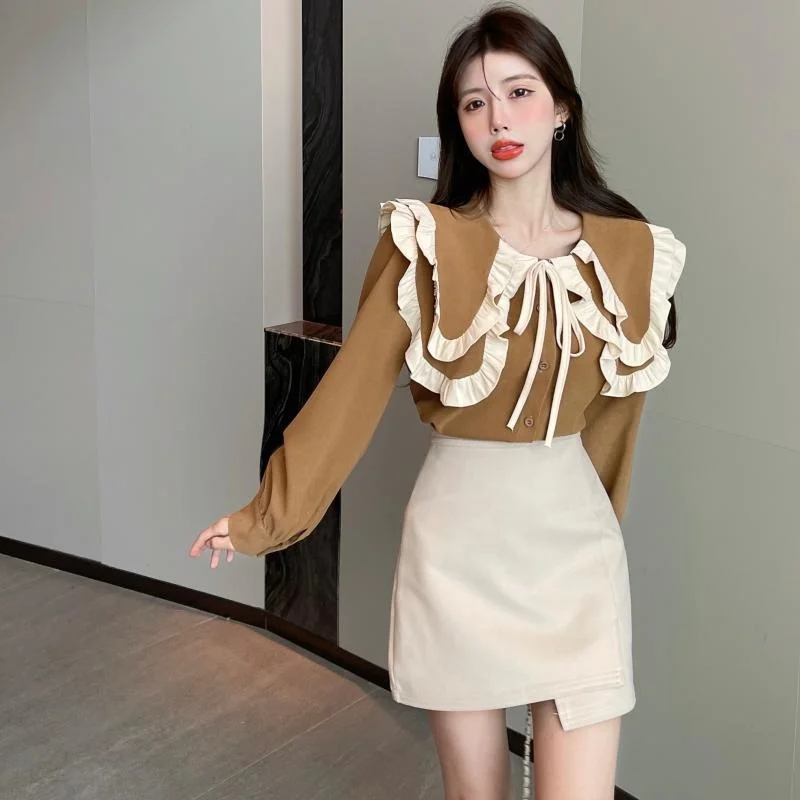 

French Style Design Younger Peter Pan Collar Contrast Color Shirt Women's Early Autumn Chic Niche Bow Large Lapel Top Fashion