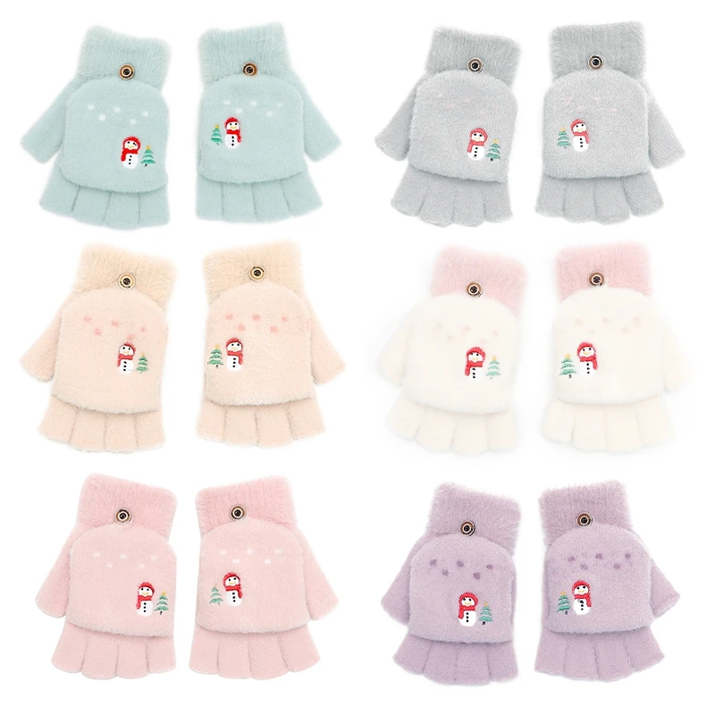

1 Pair Women's Winter Warm Touch Screen Gloves Cute Snowman Sensory Fingerless Gloves Knitted Fluff Outdoor Flip Cover Gloves