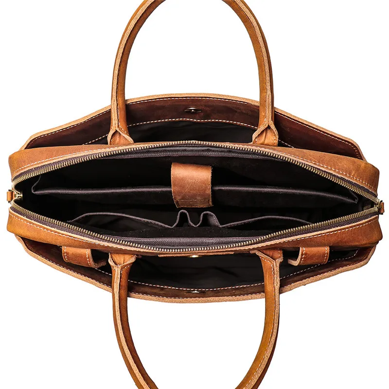 Мужской портфель Nesitu коричневый толстый из натуральной кожи Crazy Horse для ноутбука