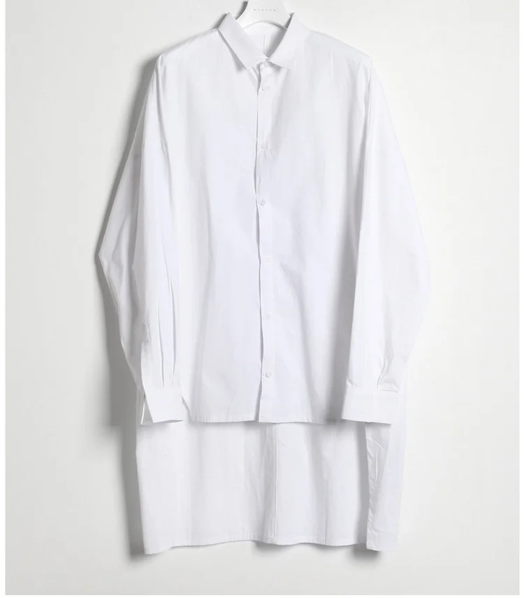 

New men's fashion trend long asymmetric hem long sleeve solid color long sleeve shirt