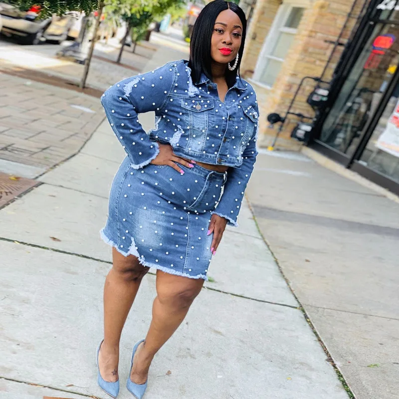 

skirt and top set plus size two piece sets Beaded washed holes to make old plus size women clothing plus size denim suit women