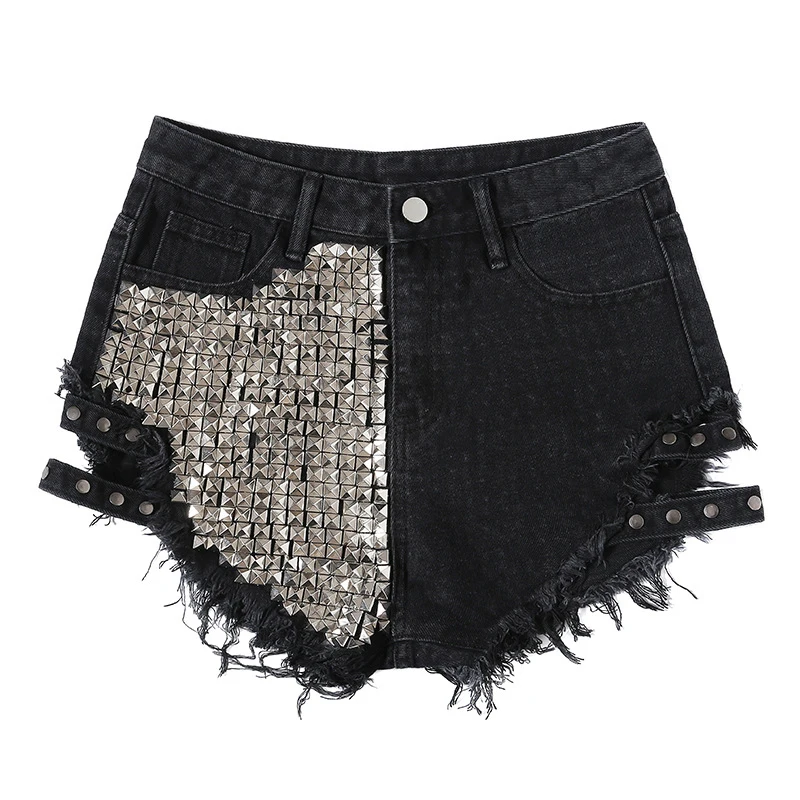 

CHICEVER Solid Sexy Patchwork Rivets Tassel Women's Shorts High Waist Cut Out Loose Denim Short Female Summer Fashion Clothing