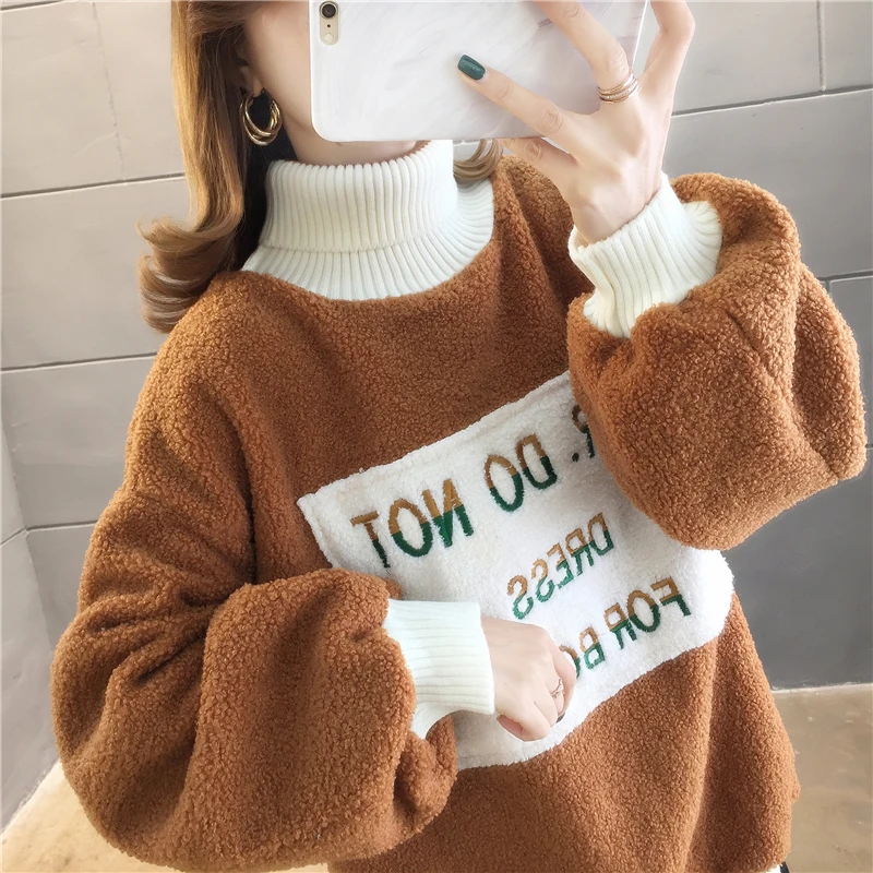 

Plus velvet padded sweater ladies loose Korean high collar top large size women's new autumn and winter coat