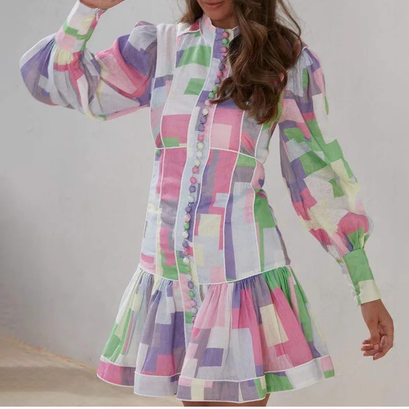 

HIGH STREET Newest 2021 Designer Runway Fall Winter Women's Single Breasted Geometric Print Girdle waist Dress