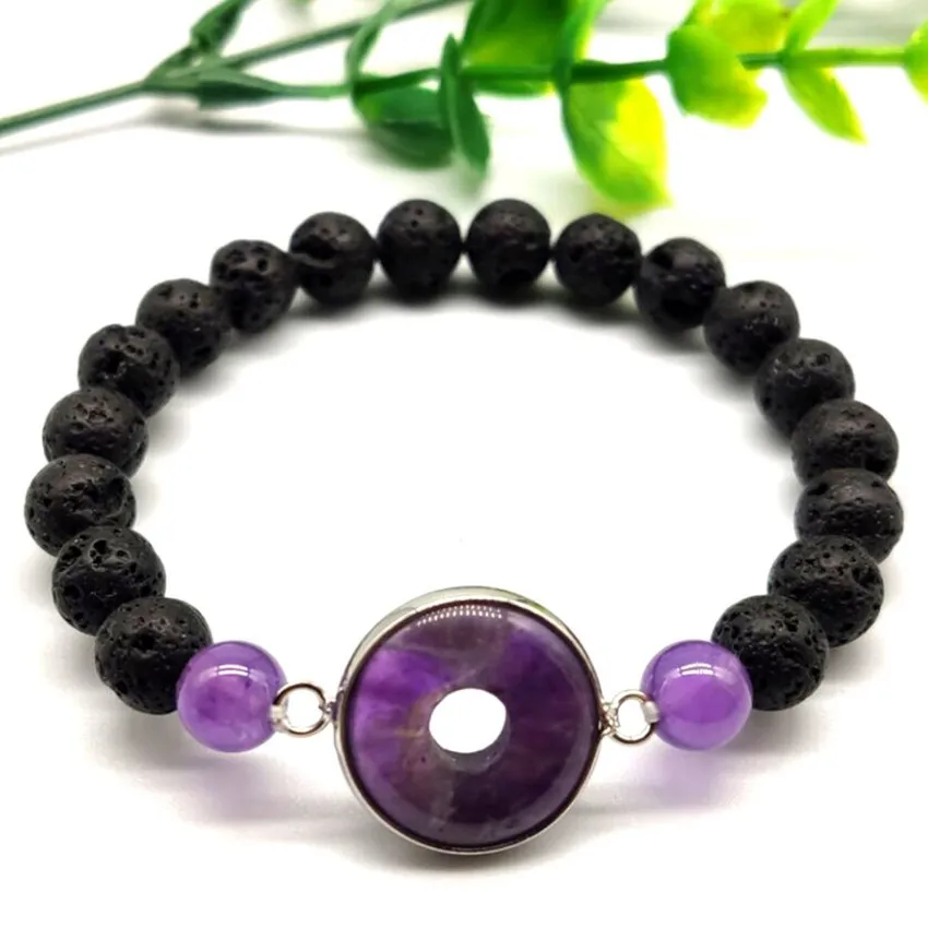

В этническом стиле Стиль посеребренные Подвески, круглые лёгкие кристаллы аметиста Подключите черный вулканический камень эластичный бра...