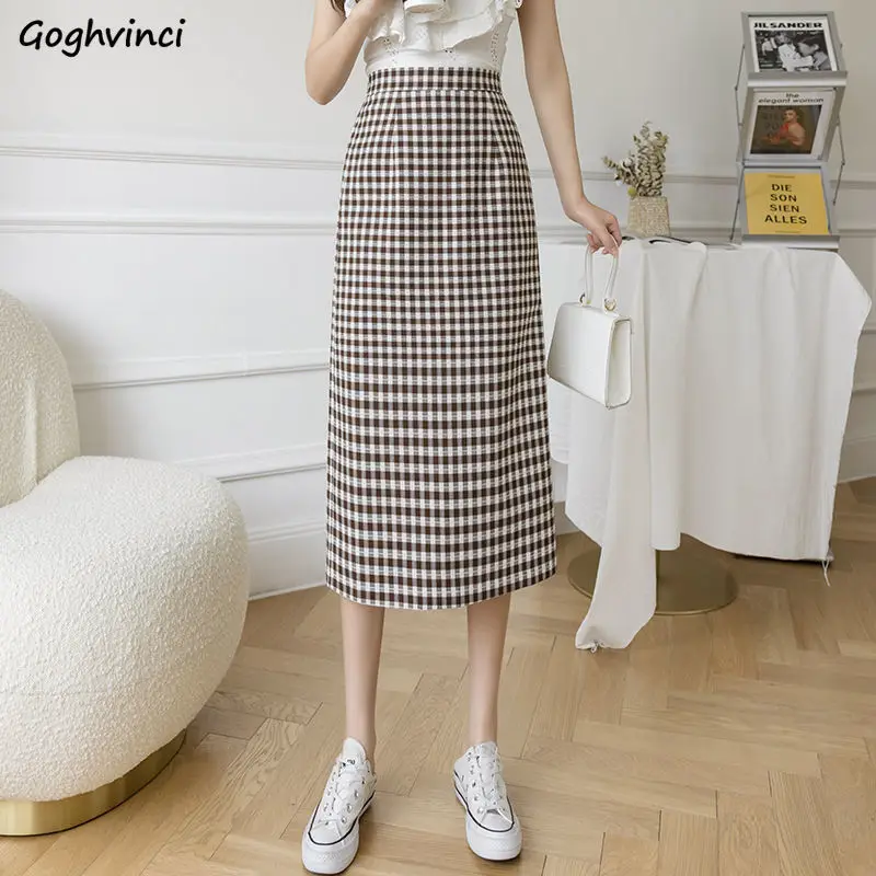 

Skirts Women Plaid Casual Autumn New Elastic Wast Mid-calf A-line Back-slit Simple Lined Ins Fashion Aesthetic Clothing Tender