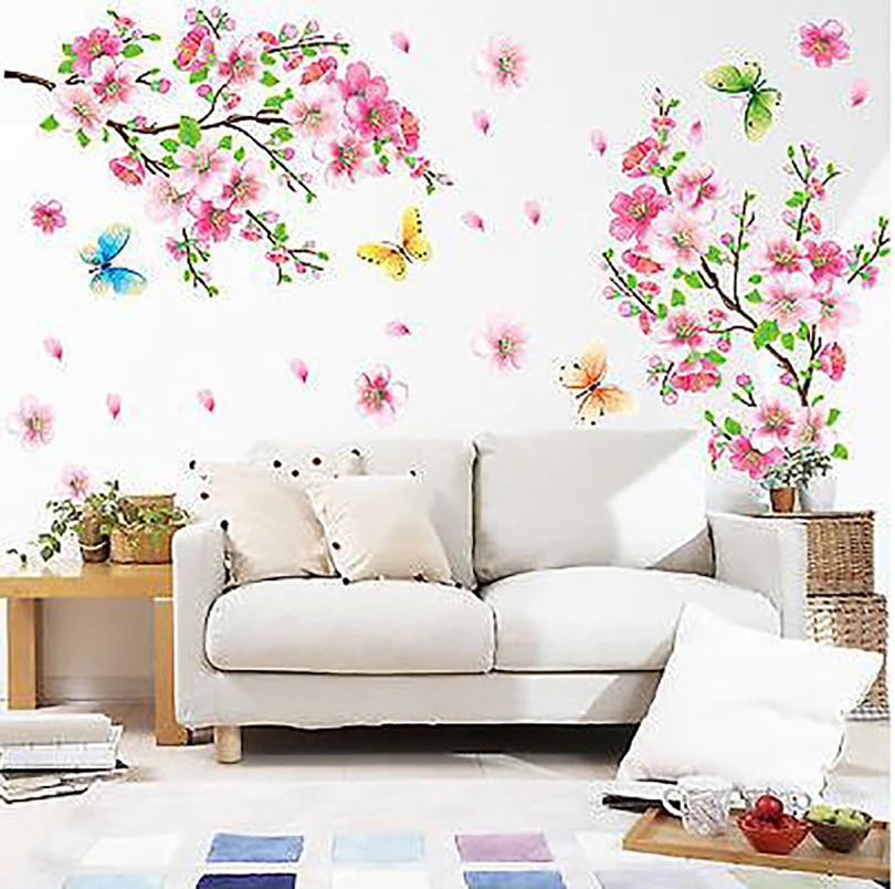 

3d Pink Removable Peach Plum Cherry Blossom Flower Butterfly Vinyl Art Decal wall Home Sticker Room Decor
