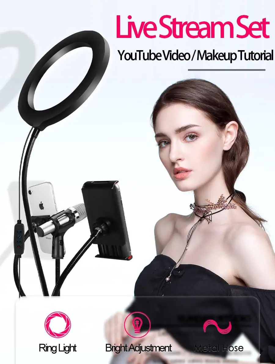 

MAMEN 8 Inch Selfie Ring Light LED Photography Beauty Lamp Studio Desktop Clip Lazy Bracket for Cellphone With Microphone Holder