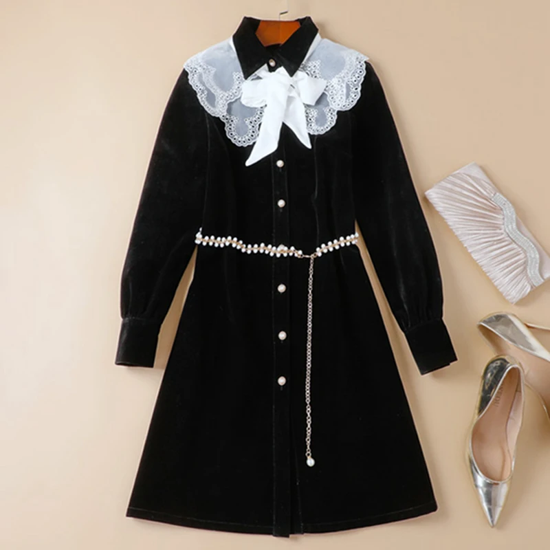 

2021 Autumn Velvet Dress Fashion Design Women Black Single Breasted High Quality Slim Vintage Elegant Dresses