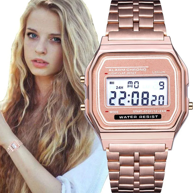 

Luxury Rose Gold Women Digital Watch Ultra-thin Steel LED Electronic Wrist Watch Luminous Clock Ladies Watch