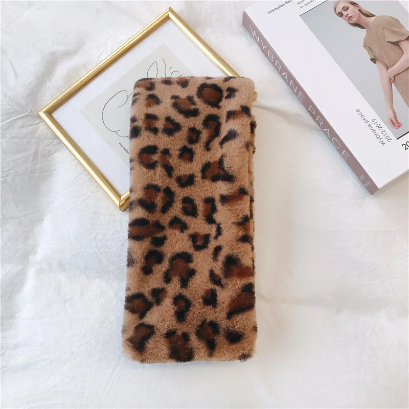 

Women Leopard Print Scarf Keep Warm Fashion Winter Faux Fur Villus Lady Scarf Soft Solid Outerwear Thicken Shawl For Girl Female