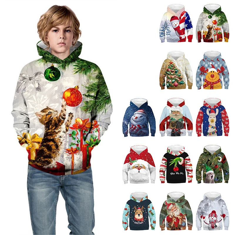 Детский свитер с рождественским принтом Пуловер капюшоном Топ длинными рукавами
