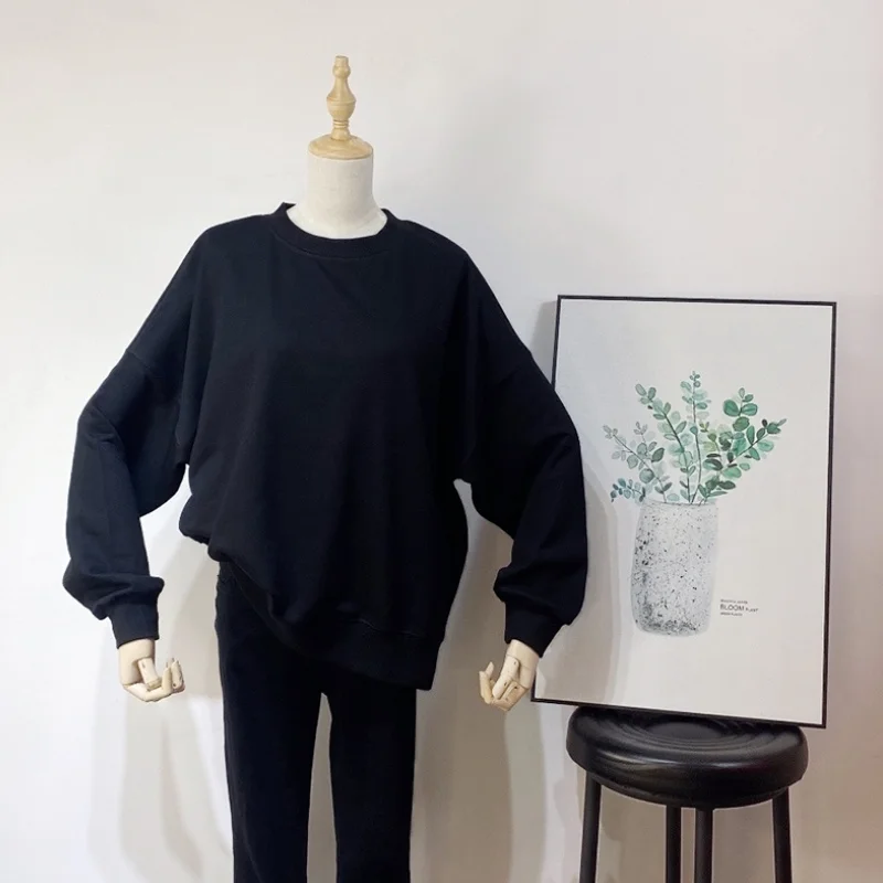 

spring and autumn loose cotton uniform size solid color round neck slimming plus size women's long sleeves hoodie casual