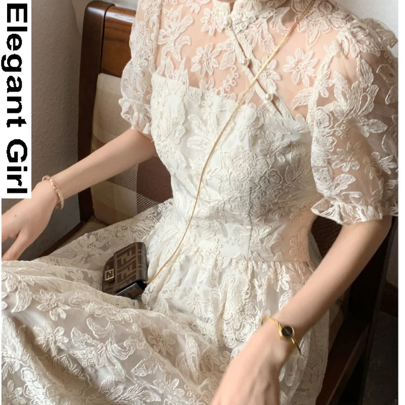 

Women Embroidery French Vintage Dress Cheongsam Midi Elegant Lace Floral Dress Summer Casual Party Princess Fairy Dress 2021