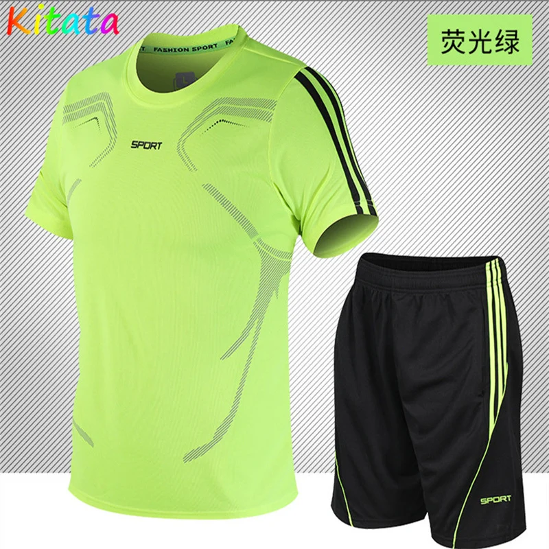 

New Men's Sports Short Sleeve + Sports Shorts Two-Piece gym fitness Compression Sportswear Men's Running Jogging Workout Tights