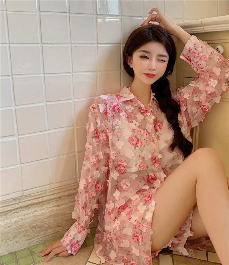 

Chiffon Printing Turn-Down Collar Long Sleeve Loose Sunscreen Mesh Hollow Out Shirt + High Waist Wide Leg Shorts Two-Piece Set